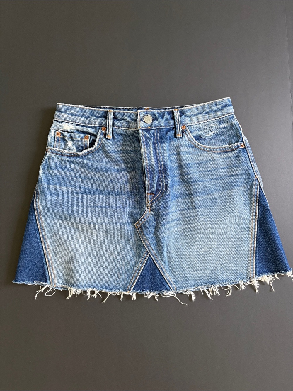 GRLFRND Two-Tone Blue Denim Mini Skirt with Frayed Hem